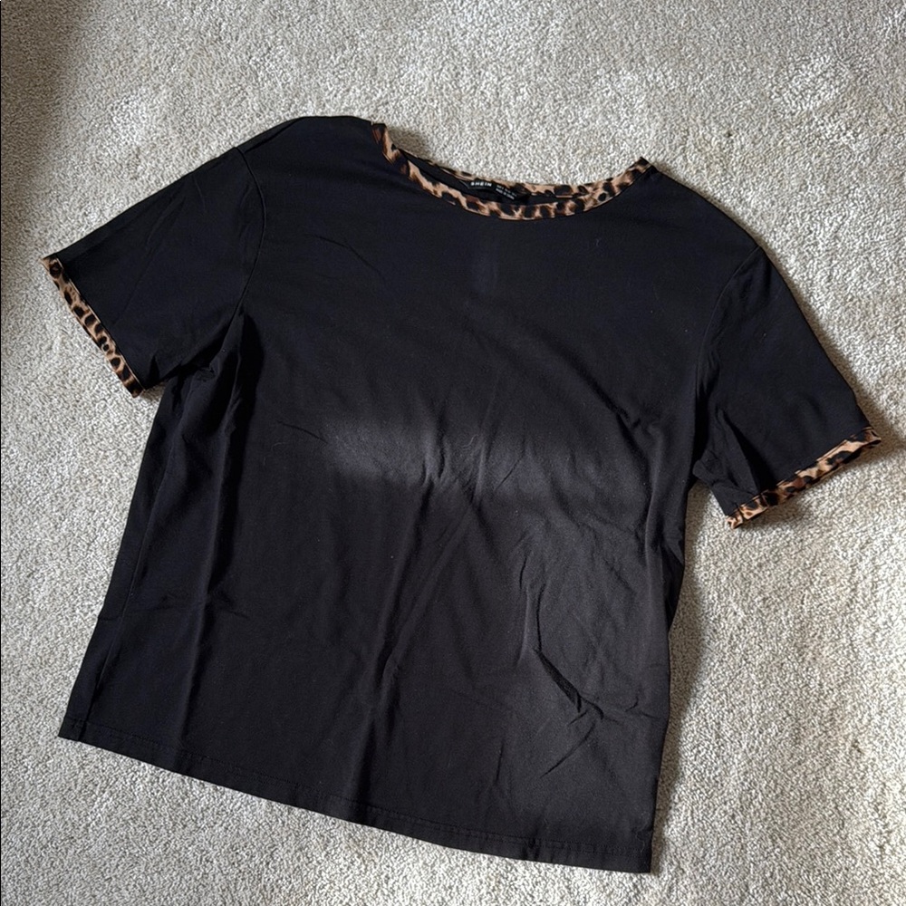 Leopard print ringer tee Trim Black Women's T-shirt